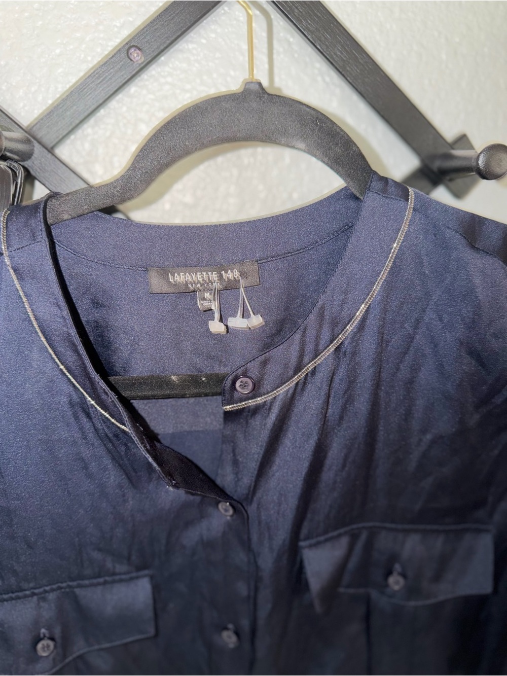 Lafayette 148 New York Navy Utility Shirt Dress Size M Short Sleeve Midi Pockets - Picture 5 of 5